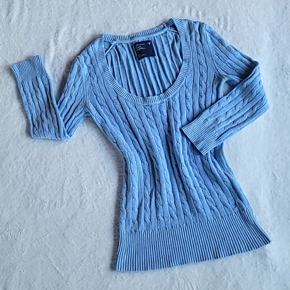 American Eagle Three-Quarter Sleeve Argyle Sweater, Baby Blue/Light Blue